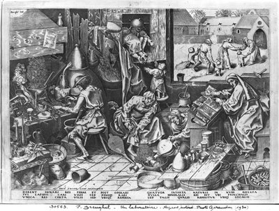 ヒエロニムスコック（c.1510-70）によって刻まれた、仕事中の錬金術師 作： Pieter Bruegel the Elder