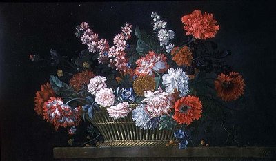 カーネーション、ストック、シャクヤク、コンボルブルスなどの花々をバスケットに入れて石の高台に置いた静物画 作： Pieter Casteels