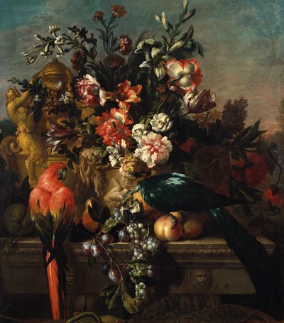 台座にオウムとカーネーションと他の花 作： Pieter Casteels
