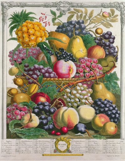10月、「果物の12か月」より、ロバートファーバー（c.1674-1756）、ヘンリーフレッチャー作、1732年（色の彫刻） 作： Pieter Casteels