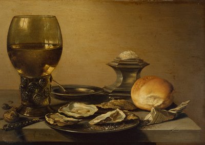 牡蠣、塩パン、ナッツの朝食静物（オイル） 作： Pieter Claesz