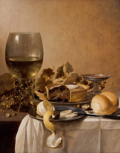 巨大なローマー、銀のカップ、パイ 作： Pieter Claesz