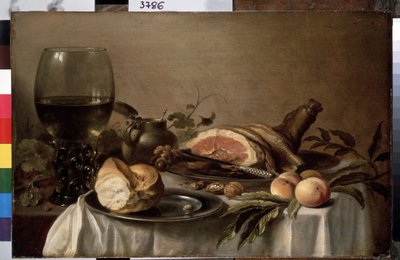 「ハム、パン、桃、ナッツを添えた朝食の静物画」 (ハムを添えた朝食) Pieter Claesz 作 (1597-1660 年頃) 1647 Dim. 40x61 cm サンクトペテルブルク、エルミタージュ美術館 作： Pieter Claesz