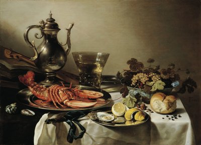 ロブスター、銀の水差し、大きなバーケマイヤー、フルーツボウル、バイオリン、本のテーブル、1641年 作： Pieter Claesz