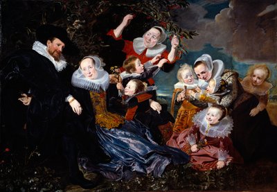 パウルス・ファン・ベレステイン（1588-1636）とその妻、6人の子供、2人の乙女の肖像 ピーテル・ソウトマン（1590-1657）による絵画 1630年 日の丸。1,67×2,41メートル 作： Pieter Claesz Soutman