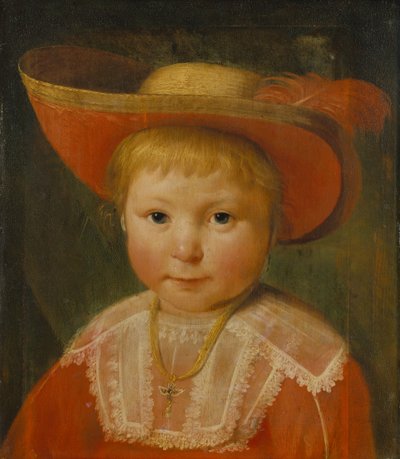 赤い裏地の麦わら帽子をかぶった子供の肖像 1635-40年頃 樫の木に油彩 作： Pieter Claesz Soutman