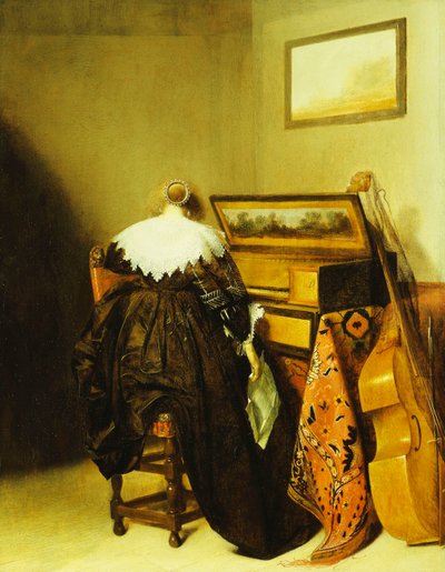 ヴァージナルの前で後ろから見た着席女性、 作： Pieter Codde