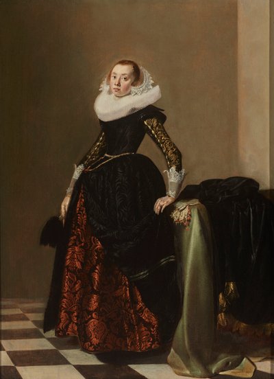 豪華な服装をした若い女性の肖像、1630年頃（パネルに油彩） 作： Pieter Codde