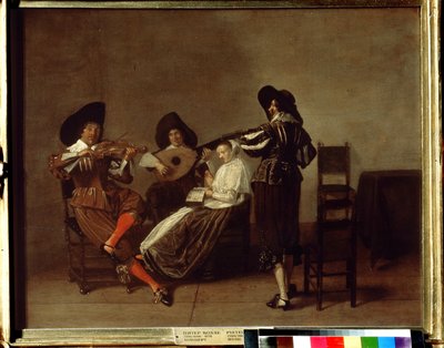 ""ソワレ ミュージカル"" (音楽の夕べ) 3 人のミュージシャンと 1 人の若い女性 (ボーカル)。 Pieter Codde (1599-1678) の絵画 17 世紀 プーシキン美術館、モスクワ 作： Pieter Codde
