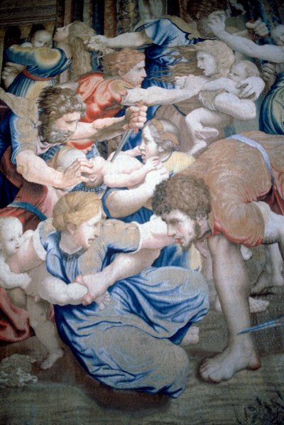 イノセントの虐殺を描いたタペストリーの詳細、c.1520-31（ウール＆シルク） 作： Pieter Coecke van Aelst