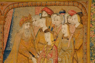 フランダースのタペストリー。 告知。 詳細、c.1502-04（金、銀、絹、羊毛） 作： Pieter Coecke van Aelst