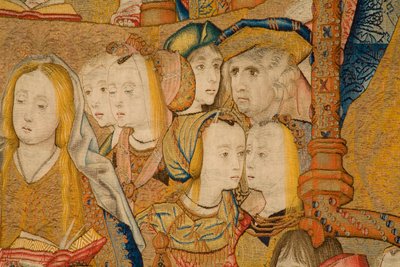 フランダースのタペストリー。 告知。 詳細、c.1502-04（金、銀、絹、羊毛） 作： Pieter Coecke van Aelst