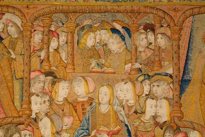 フランダースのタペストリー。 告知。 詳細、c.1502-04（金、銀、絹、羊毛） 作： Pieter Coecke van Aelst