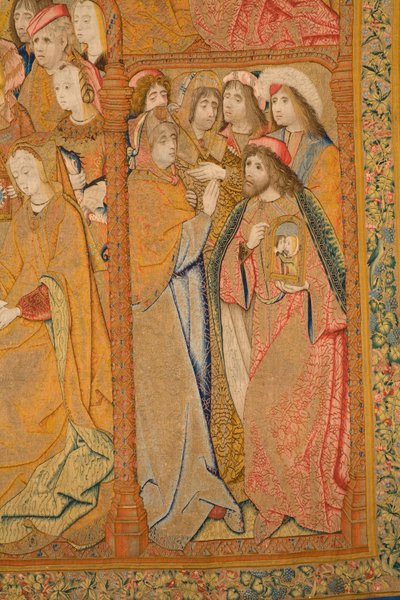 フランダースのタペストリー。 告知。 詳細、c.1502-04（金、銀、絹、羊毛） 作： Pieter Coecke van Aelst