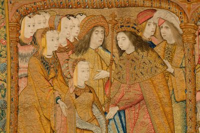 フランダースのタペストリー。 告知。 詳細、c.1502-04（金、銀、絹、羊毛） 作： Pieter Coecke van Aelst