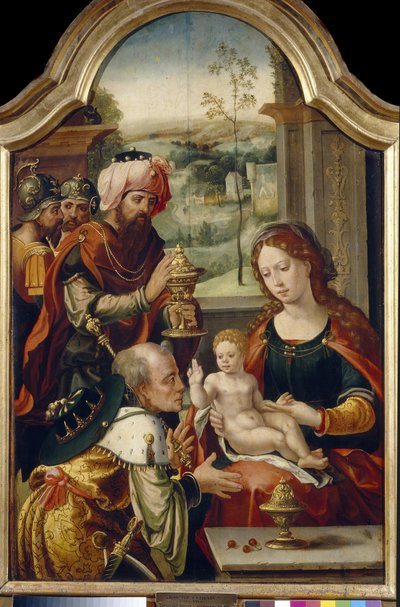 魔術師の崇拝（マギの崇拝）。 Paint of Pieter Coecke Van Aelst The Old（1502-1555）、16世紀前半の木材の油。 プリミティブフレミッシュアート。 ステートアートギャラリー、LVIV（ウクライナ）。 作： Pieter Coecke van Aelst