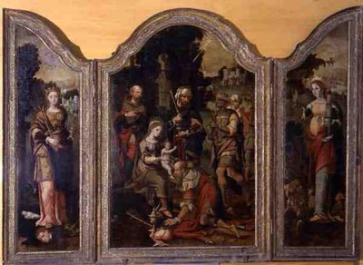 マギと2人の聖人の礼拝を描いたトリプティク（油彩・パネル） 作： Pieter Coecke van Aelst