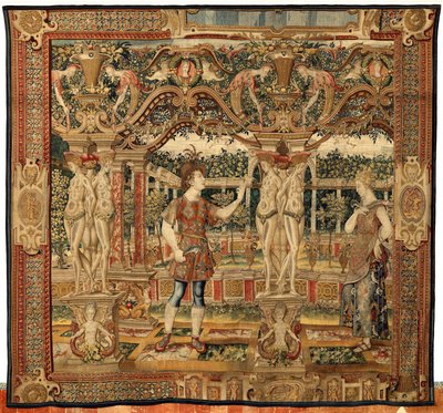 VertumnusとPomona：剪定ばさみに変身したVertumnus、1550年頃（金、羊毛、絹） 作： Pieter Coecke van Aelst
