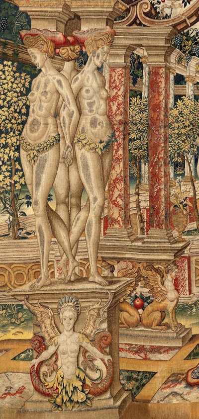 Vertumnus と Pomona: Vertumnus は剪定ばさみに変身。 約。 1550年（タペストリー） 作： Pieter Coecke van Aelst