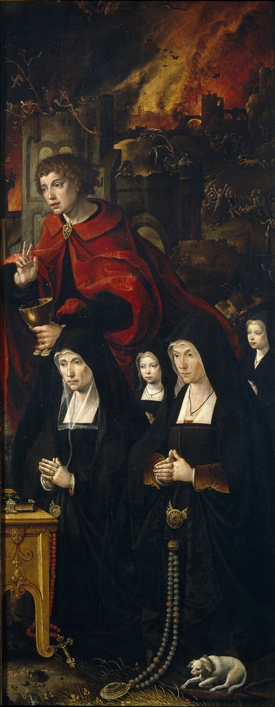 2人の女性と2人の祈っている女の子と一緒の福音伝道者聖ヨハネThe Last Judgement triの右パネル 作： Pieter Coecke van Aelst