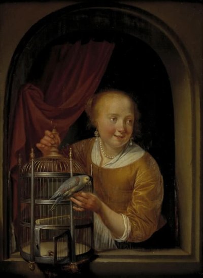 オウムを持つ少女 作： Pieter Cornelisz. van Slingelandt