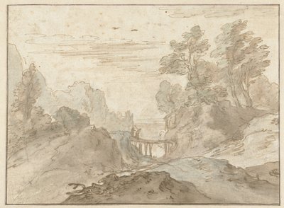狭い橋の上に二人の人物がいる山の風景 作： Pieter Dircksz van Santvoort (possibly)