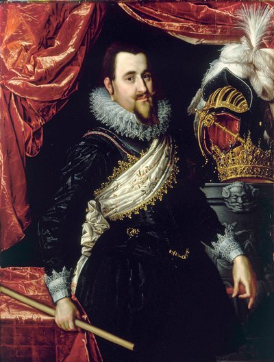 クリスチャン 4 世、デンマーク王 (1577-1648) の肖像画。 Pieter Isaacsz (1569-1625) による 1615 年頃の絵画。フレデリクスボー城。 デンマーク。 作： Pieter Fransz. Isaacsz.