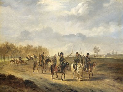 1813年、北オランダのベルゲン近くの田舎道のコサック 作： Pieter Gerardus van Os