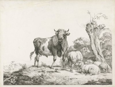 ポラード柳の近くに横たわる雄牛、雄羊、2 頭の羊 作： Pieter Gerardus van Os