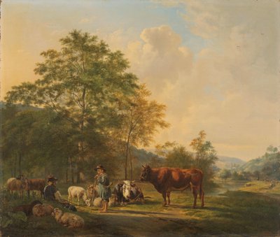 羊飼い、ドローバー、牛のいる丘陵の風景 作： Pieter Gerardus van Os