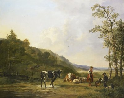 牧民と牛のいる風景 作： Pieter Gerardus van Os