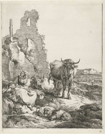 廃墟の前に立ったり横になったりする牛と羊飼いのいる風景 作： Pieter Gerardus van Os