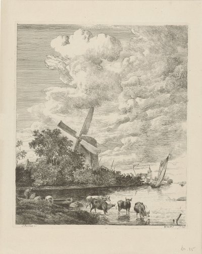 風車と水の中の牛と川の景色 作： Pieter Gerardus van Os