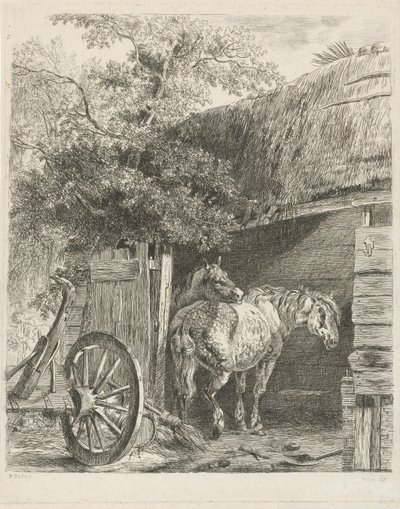 納屋の 2 頭の馬 作： Pieter Gerardus van Os