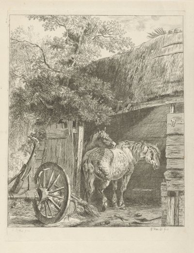 納屋の 2 頭の馬 作： Pieter Gerardus van Os