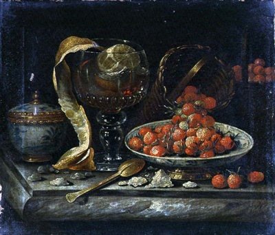 中国製青白碗と蓋、ガラスのローマー、金のスプーンと果物の静物画（油彩・キャンバス） 作： Pieter Gerritsz. van (manner of) Roestraten