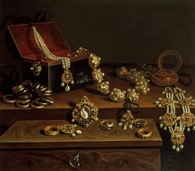 テーブルの上に置かれた宝石の棺、主にドイツ産（1600-50） 作： Pieter Gerritsz. van Roestraten