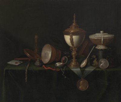 ダチョウの卵カップとホイットフィールドの家宝のある静物、1670年頃（キャンバスに油彩） 作： Pieter Gerritsz. van Roestraten
