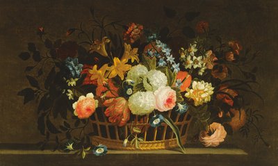 石の棚のバスケットにある花の静物 作： Pieter Hardime