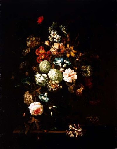 ガラスの花瓶に入った花の静物画 作： Pieter Hardime