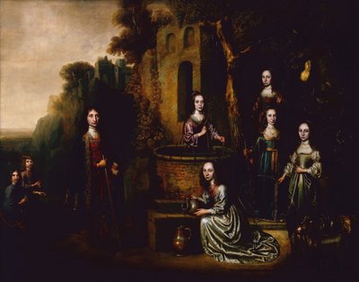 出席している 4 人の女性と紳士と女性のグループの肖像画 作： Pieter Harmansz Verelst