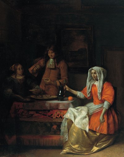 2 人の女性と 1 人の男性が牡蠣を飲んだり食べたりしている室内 作： Pieter Hooch de