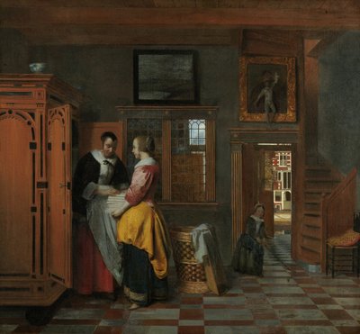 リネンチェストの横に女性がいるインテリア 1663年 作： Pieter Hooch de