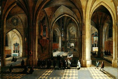 行列のあるゴシック様式の大聖堂の内部（油彩・パネル） 作： Pieter II and Franken Frans II Neefs
