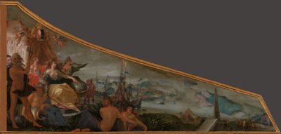 世界貿易の中心地としてのアムステルダム 世界貿易の中心地であるアムステルダムのアレゴリーをハープシコードの蓋に描く 作： Pieter Isaacsz.