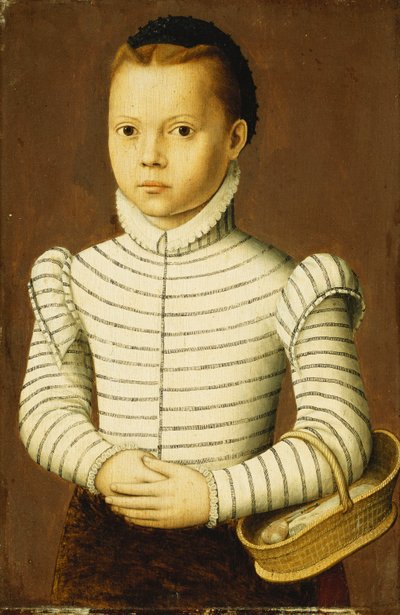 バスケットを持って黒と白の衣装を着た少女の肖像画 作： Pieter Jansz. Pourbus