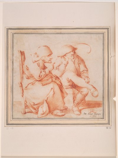 古い農民のカップルが座っています。 作： Pieter Jansz. Quast
