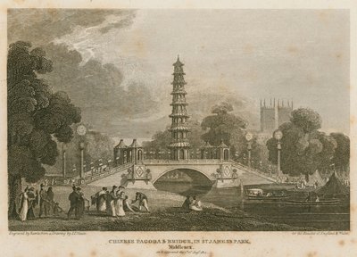 1814年8月1日に登場したセントジェームズパークの運河に架かる中国の塔と橋 作： Pieter Jansz. Quast