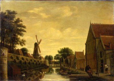 労働者が木材を降ろす町の壁のそばの運河、1650年頃 作： Pieter Jansz. van Asch