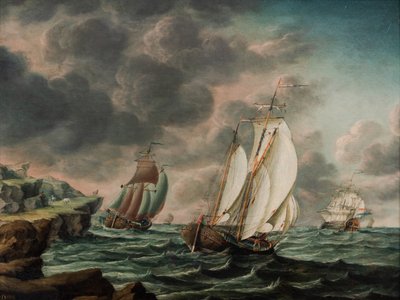 オランダの商人が岩の多い海岸線の沖合でフルートを演奏 作： Pieter Jochums Lofvers